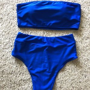 High waisted 2 piece bikini royal blue swimsuit